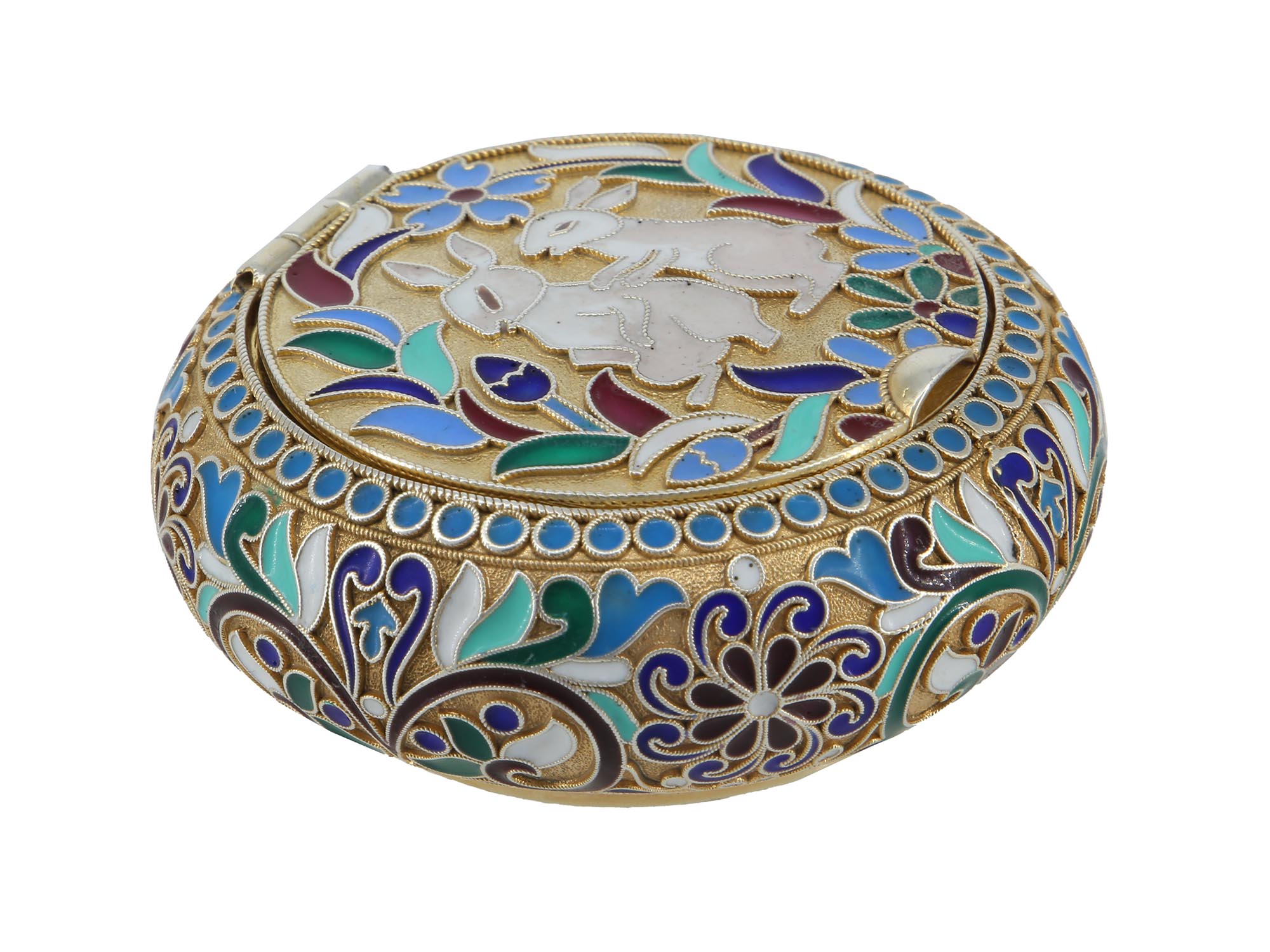 RUSSIAN GILT SILVER AND CLOISONNE ENAMEL PILL BOX PIC-0